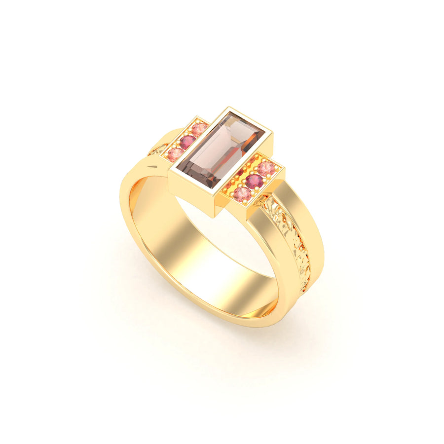 Bague de joaillerie en or jaune 18 carats, vue de détail, fabriquée à l’atelier Bajoia de Sèvres