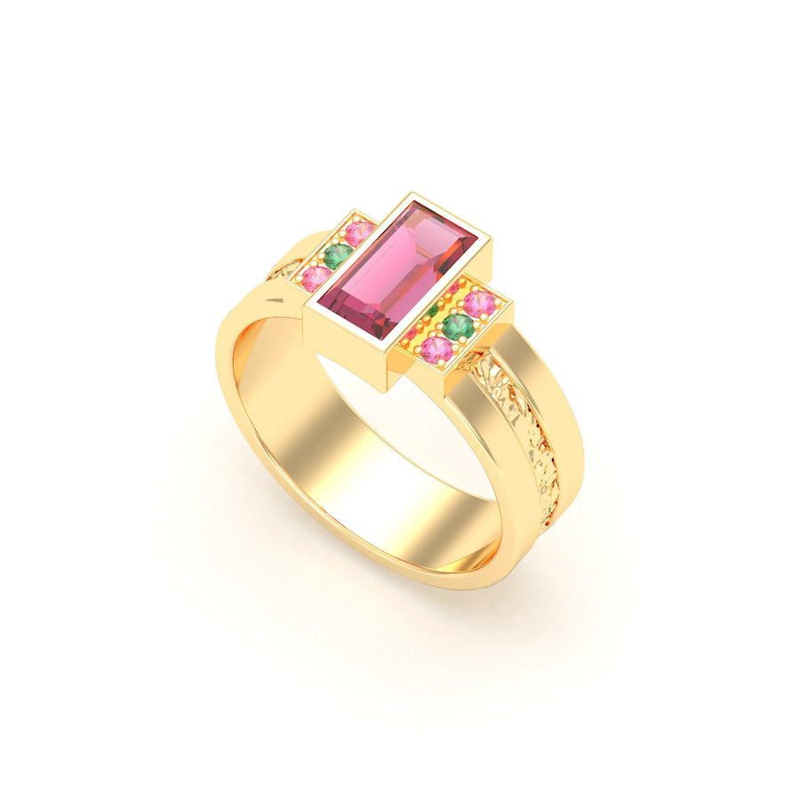 Bague de joaillerie en or jaune 18 carats, vue de détail, fabriquée à l’atelier Bajoia de Sèvres