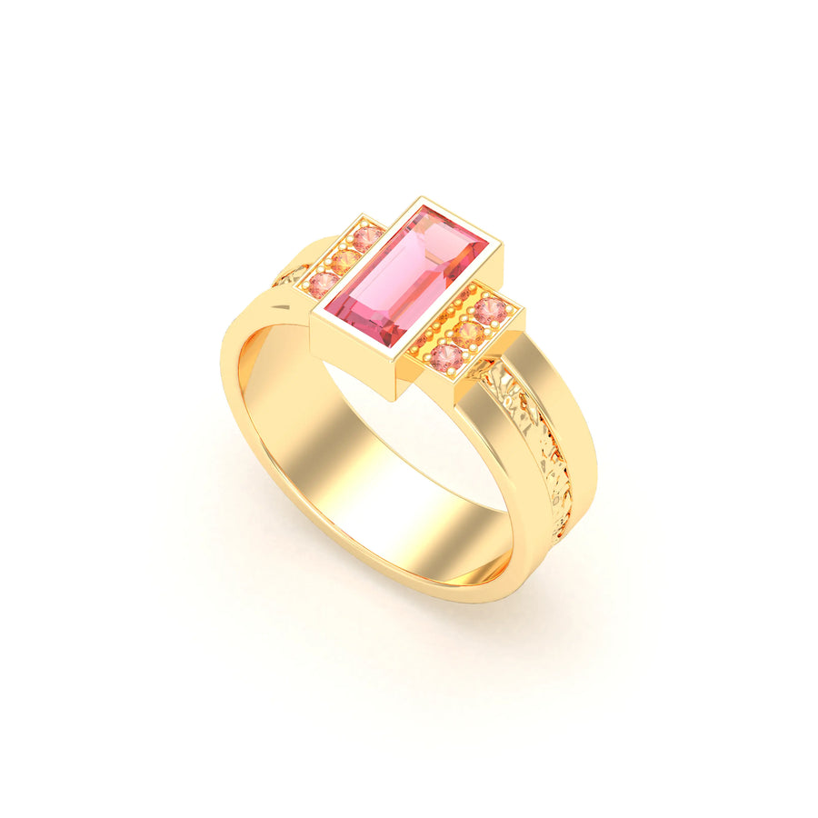 Bague de joaillerie en or jaune 18 carats, vue de détail, fabriquée à l’atelier Bajoia de Sèvres