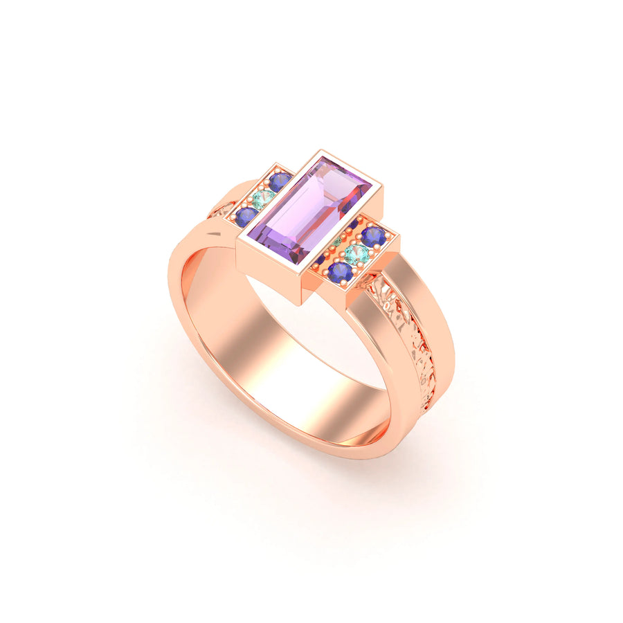 Bague de joaillerie en or rose 18 carats, vue de détail, fabriquée à l’atelier Bajoia de Sèvres