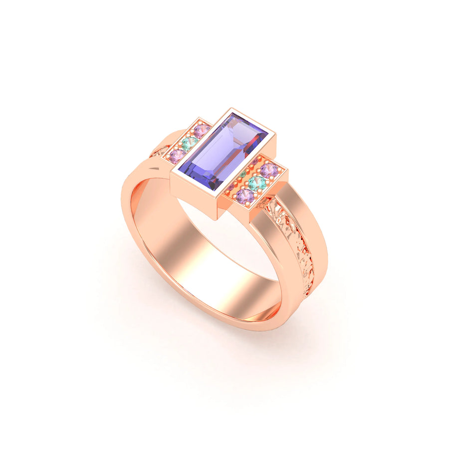 Bague de joaillerie en or rose 18 carats, vue de détail, fabriquée à l’atelier Bajoia de Sèvres