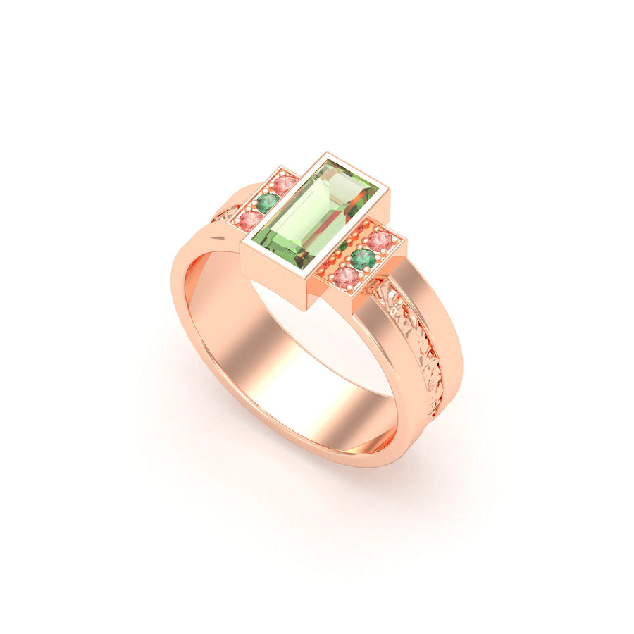 Bague de joaillerie en or rose 18 carats, vue de détail, fabriquée à l’atelier Bajoia de Sèvres