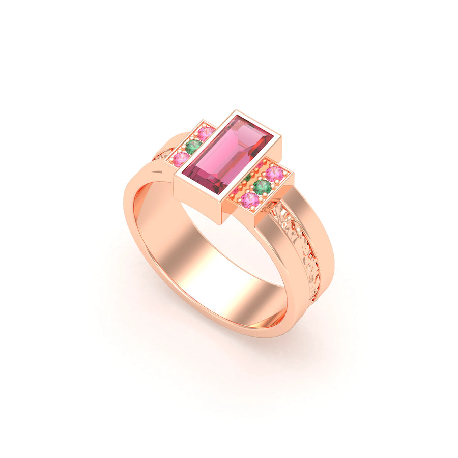 Bague de joaillerie en or rose 18 carats, vue de détail, fabriquée à l’atelier Bajoia de Sèvres