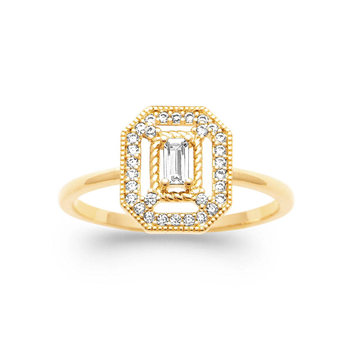 Bague Art déco zircon rectangulaire double cadre pavé plaqué or, vue de face