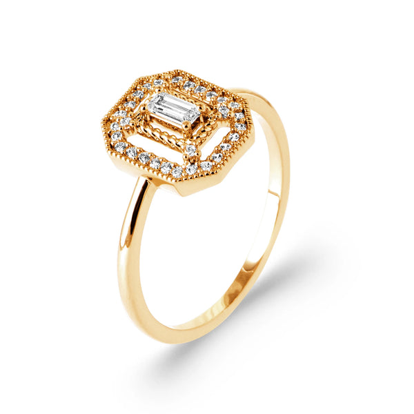 Bague Art déco zircon rectangulaire double cadre pavé en plaqué or, vue de trois quarts