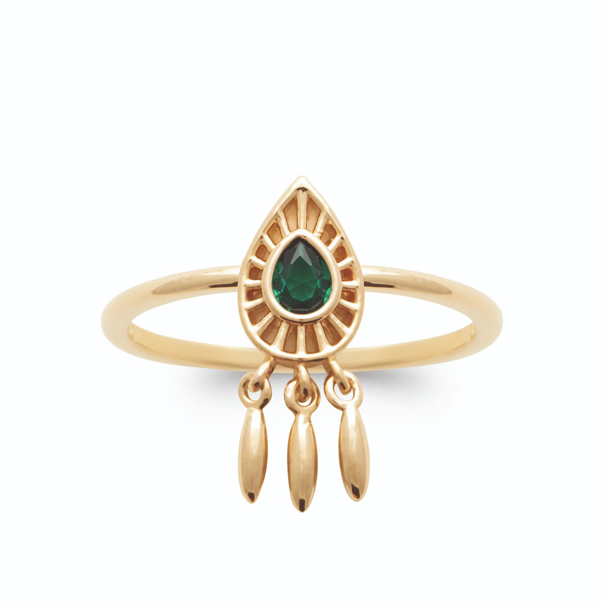 Bague attrape-rêves goutte ajourée et pierre vert intense en plaqué or