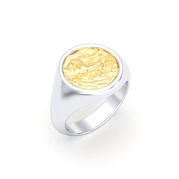 Bague Aurige – chevalière en argent 950 et pièce or 18 carats au char romain Or jaune