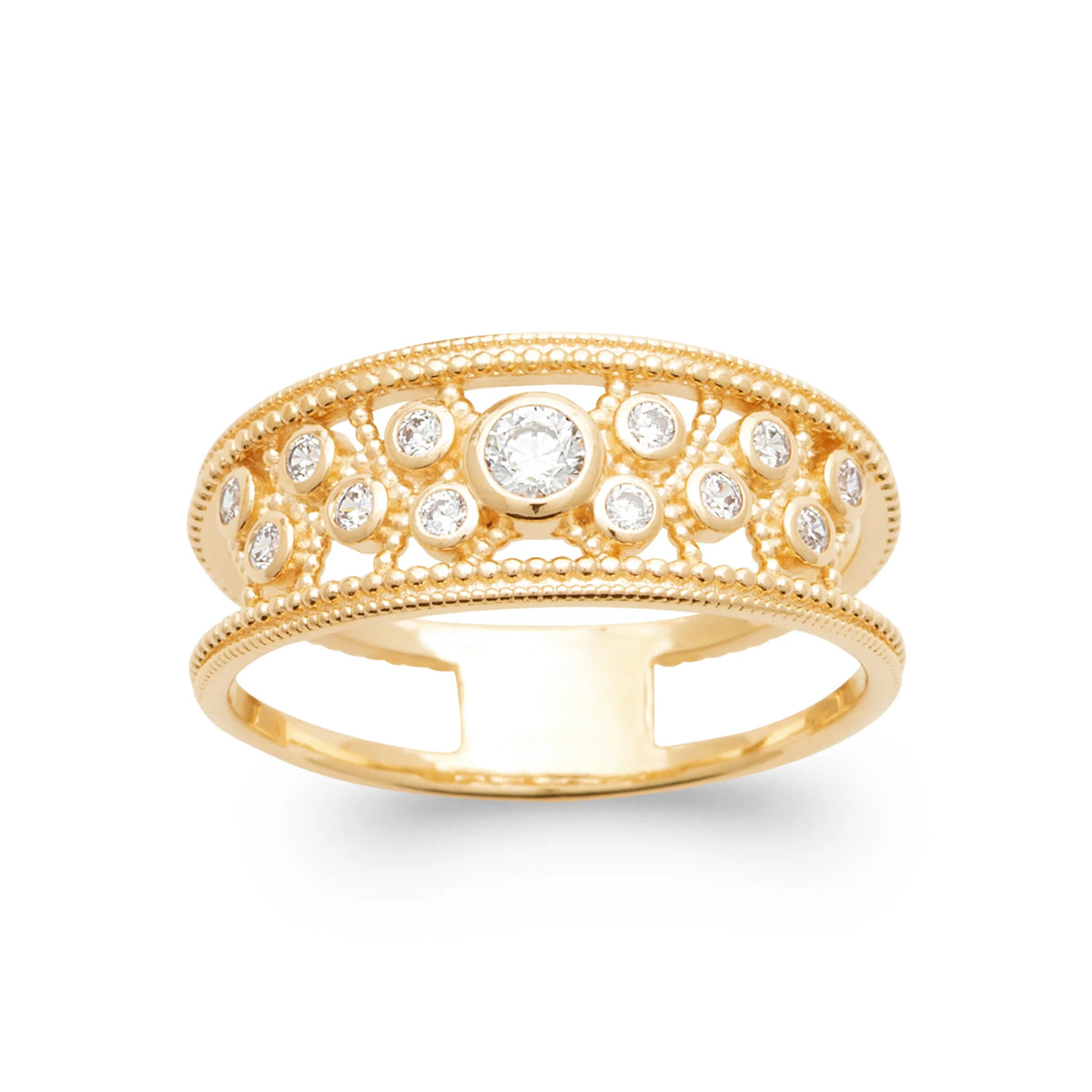 Bague bandeau ajouré bords perlés et zircons sertis clos plaqué or, vue de face