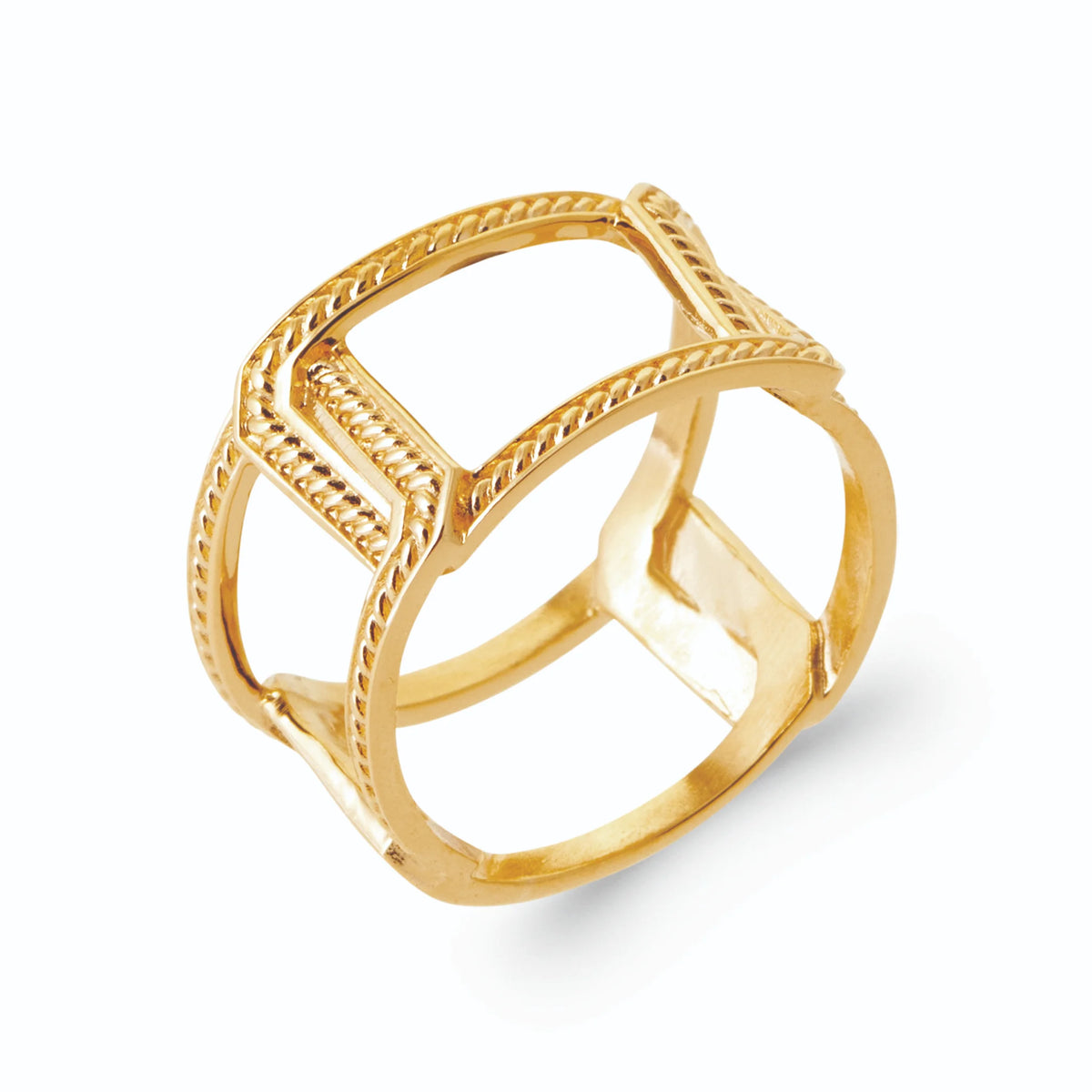 Bague bandeau ajouré cadre rectangulaire et barrettes torsadées en plaqué or, vue de trois quarts