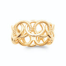 Bague bandeau ajouré de cercles en corde torsadée effet cotte de mailles plaqué or, vue de face