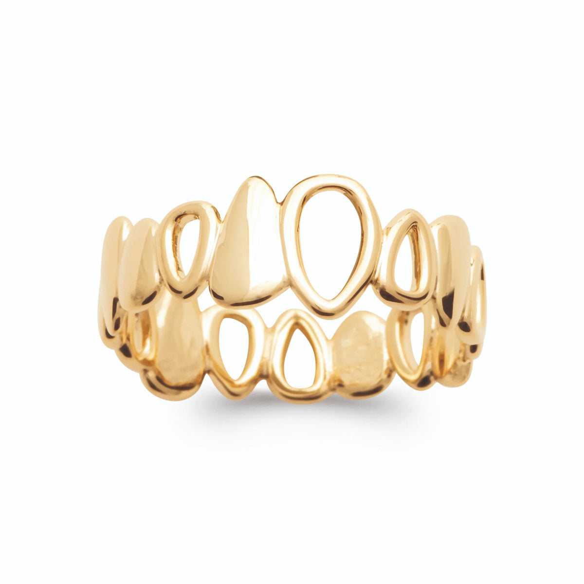 Bague bandeau ajouré de cercles et gouttes façon galets plaqué or, vue de face