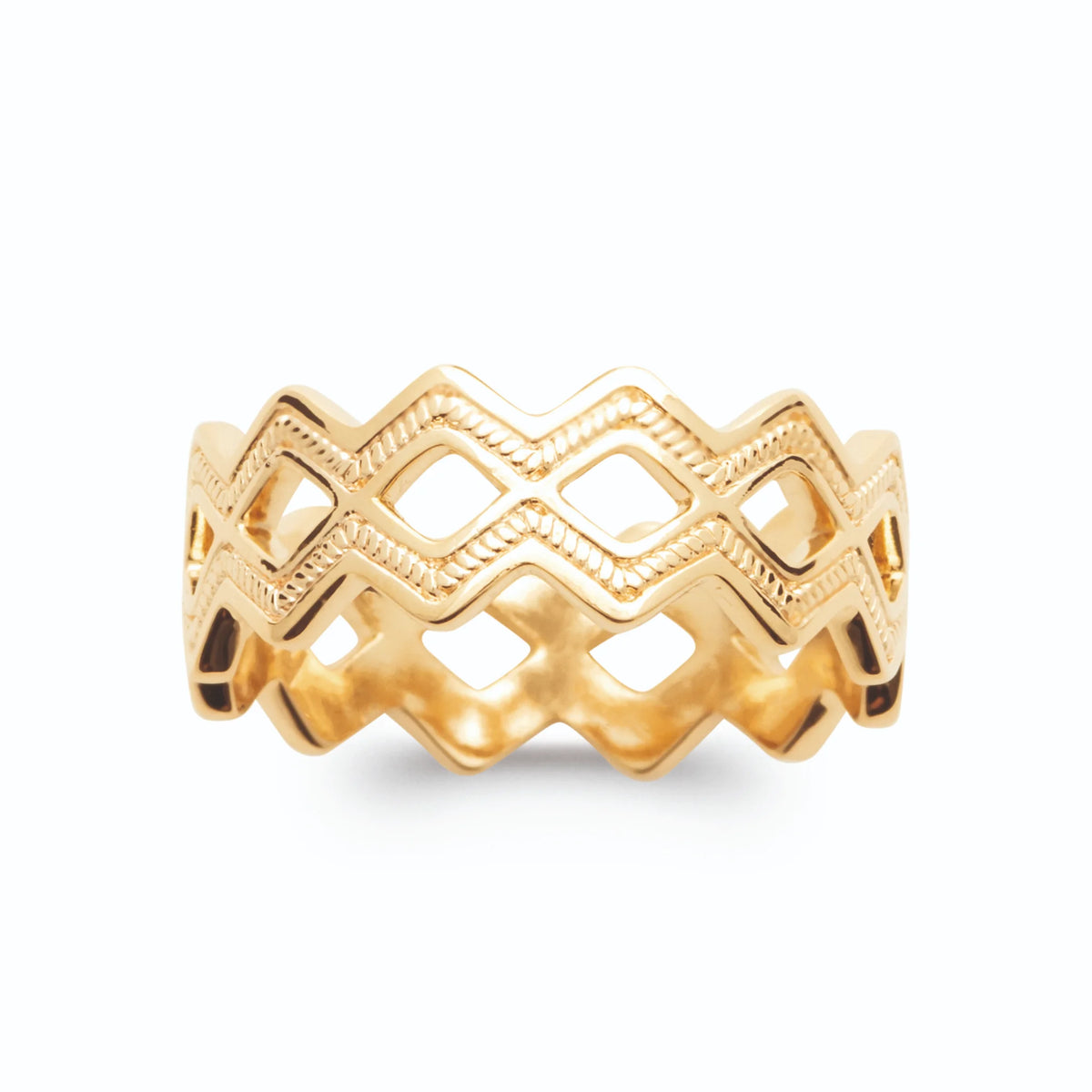 Bague bandeau ajouré double zigzag effet dentelle plaqué or, vue de face