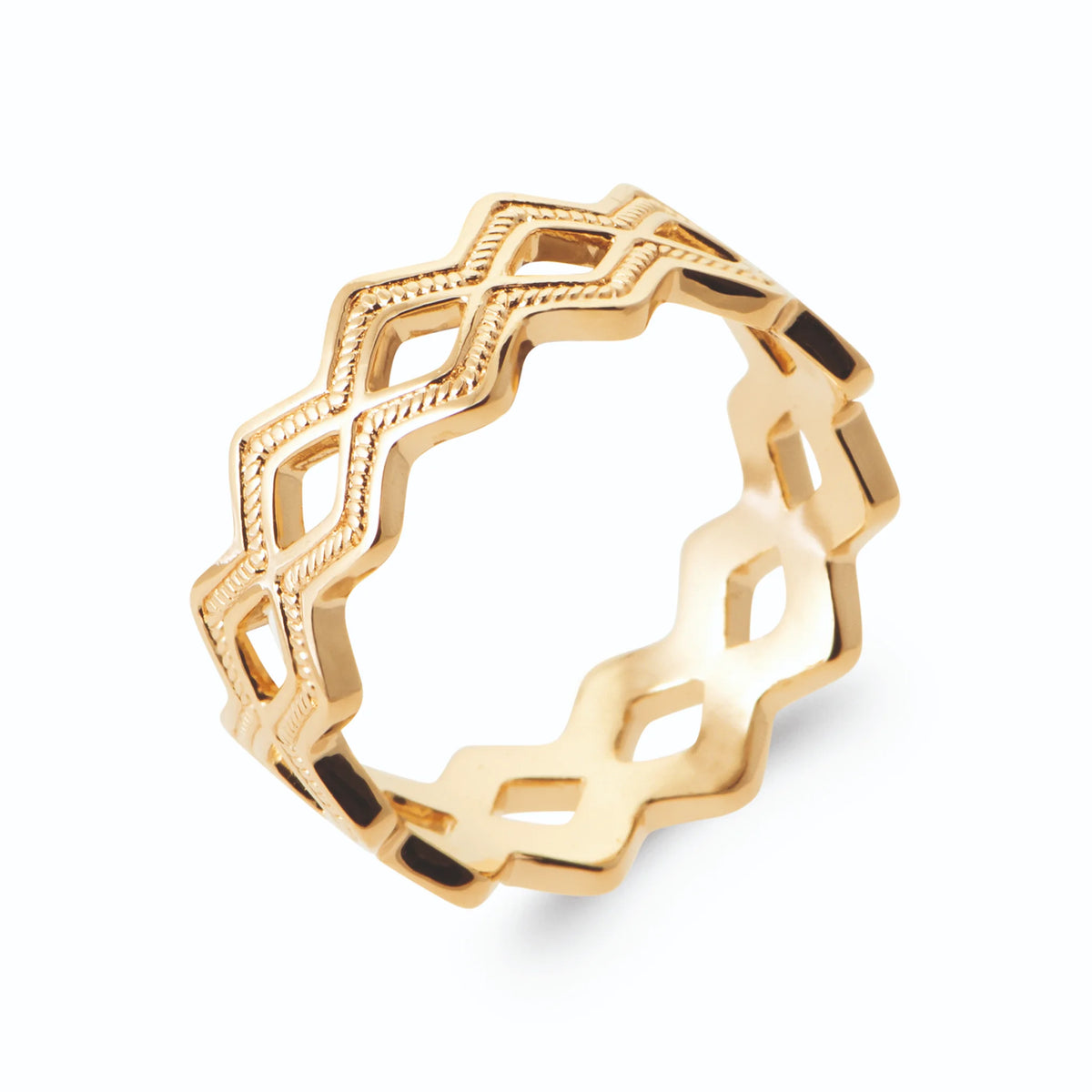 Bague bandeau ajouré double zigzag effet dentelle en plaqué or, vue de trois quarts