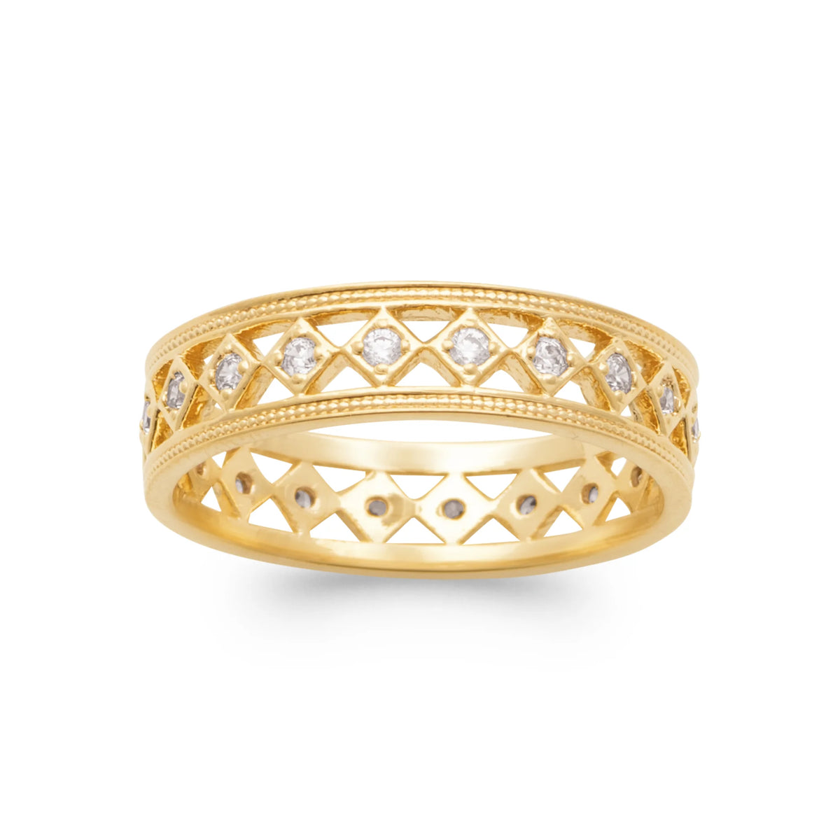 Bague bandeau ajouré frise de losanges et zircons bords perlés en plaqué or