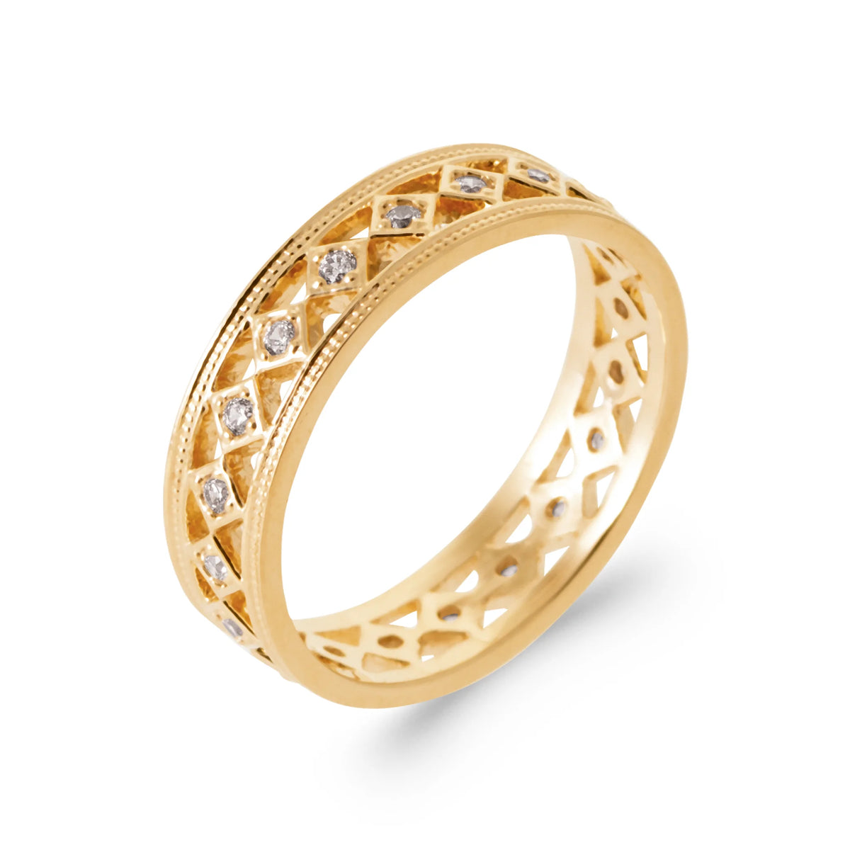 Bague bandeau ajouré frise de losanges et zircons bords perlés en plaqué or