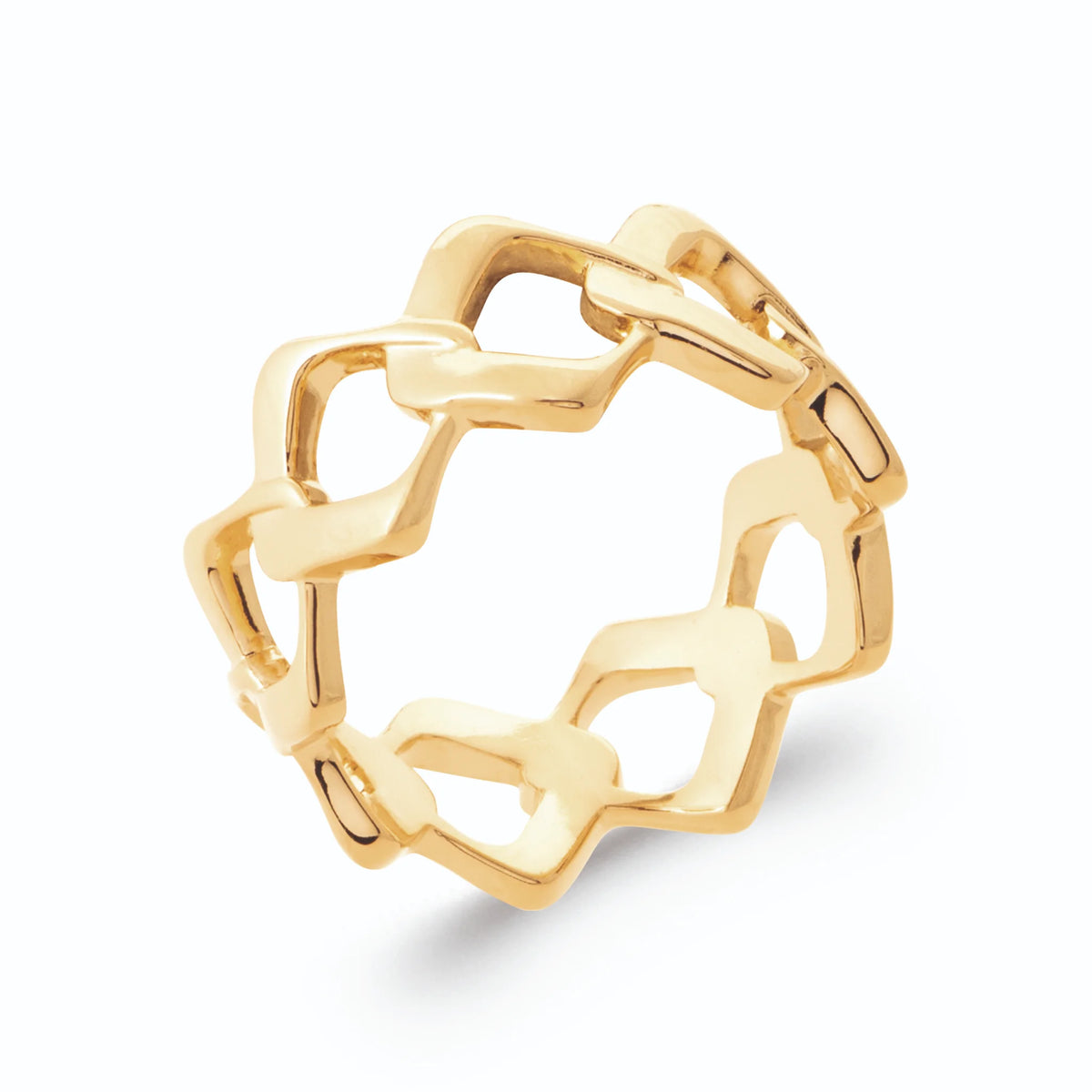 Bague bandeau ajouré de maillons gourmette en or poli en plaqué or