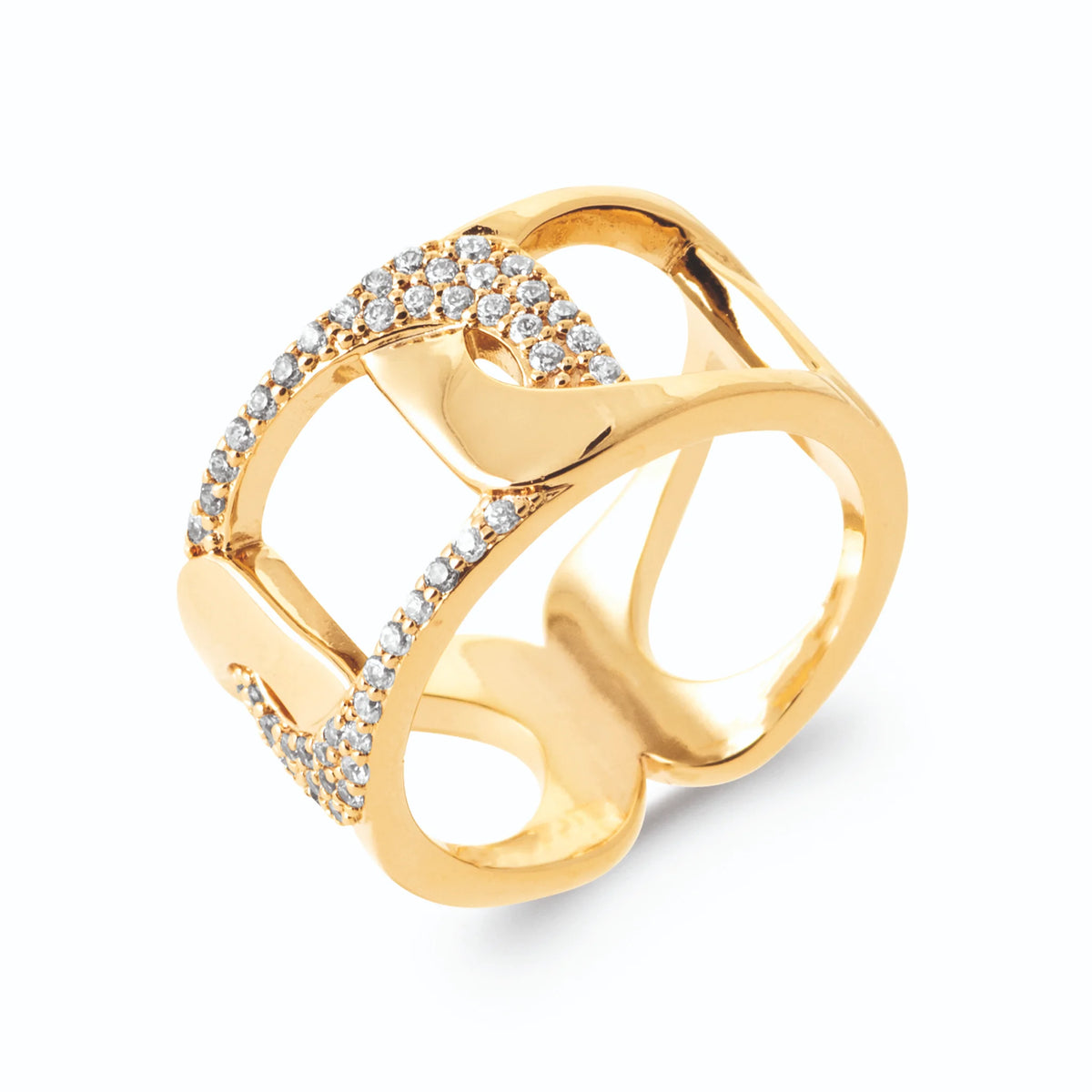 Bague bandeau ajouré de maillons ovales pavés de zircons en plaqué or
