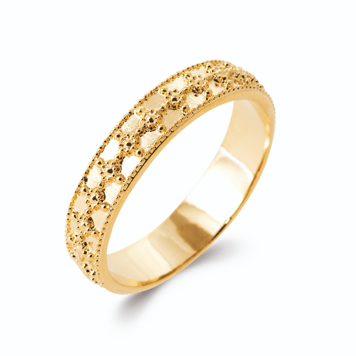 Bague bandeau ajouré treillis de losanges perlés en plaqué or