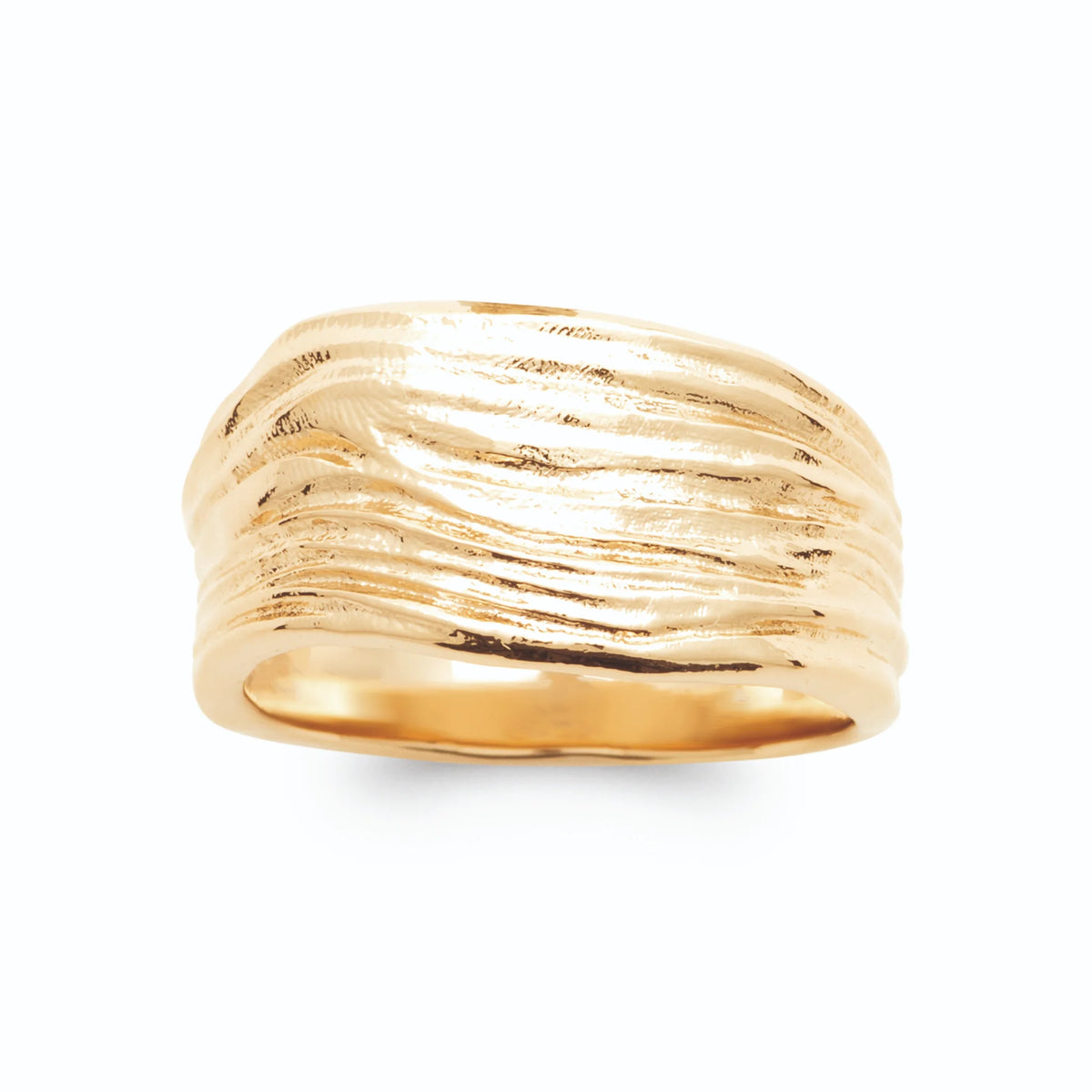 Bague bandeau bombé ciselé effet bois flotté plaqué or, vue de face