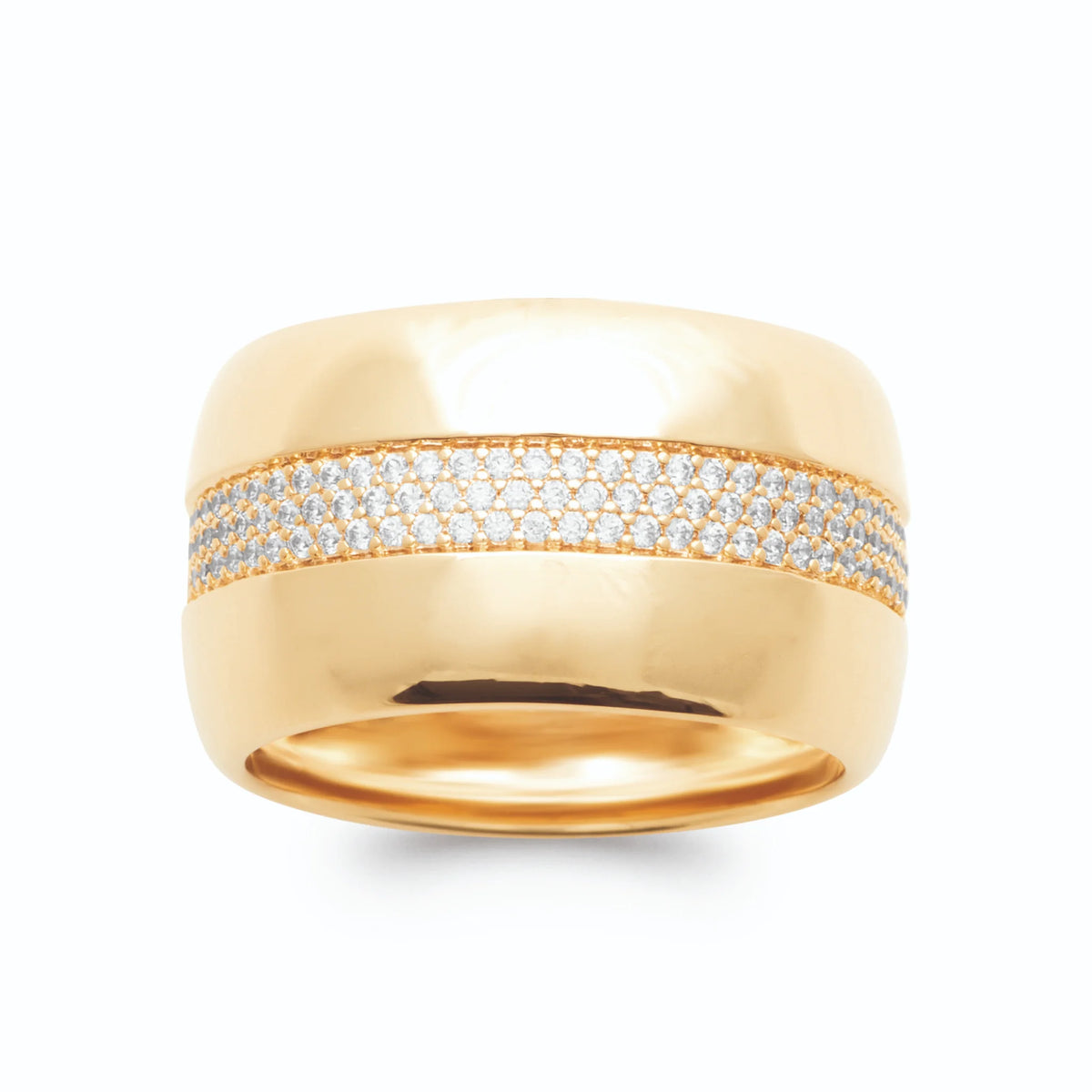 Bague bandeau bombé poli et fine bande de zircons pavés plaqué or, vue de face