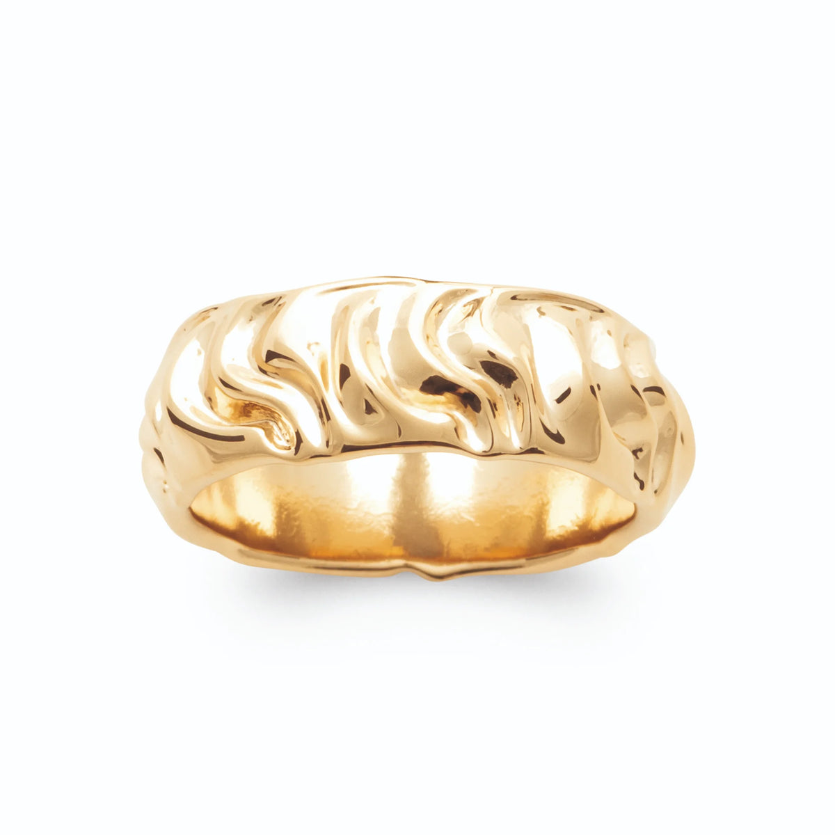 Bague bandeau bombé sculpté de vagues organiques plaqué or, vue de face