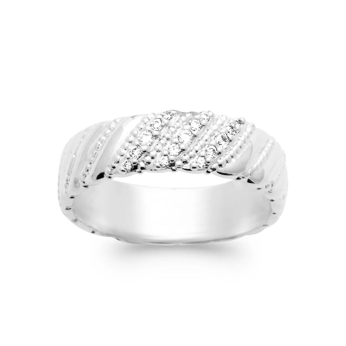 Bague bandeau ciselé en diagonale et ligne de zircons en argent 925, vue de face