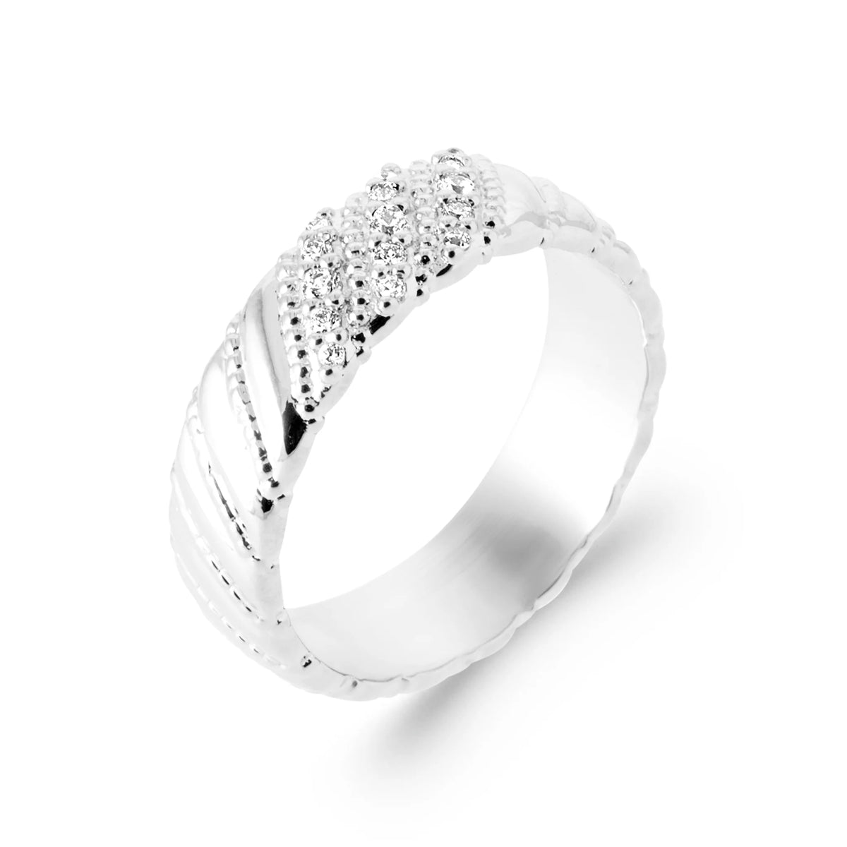 Bague bandeau ciselé en diagonale et ligne de zircons en argent 925