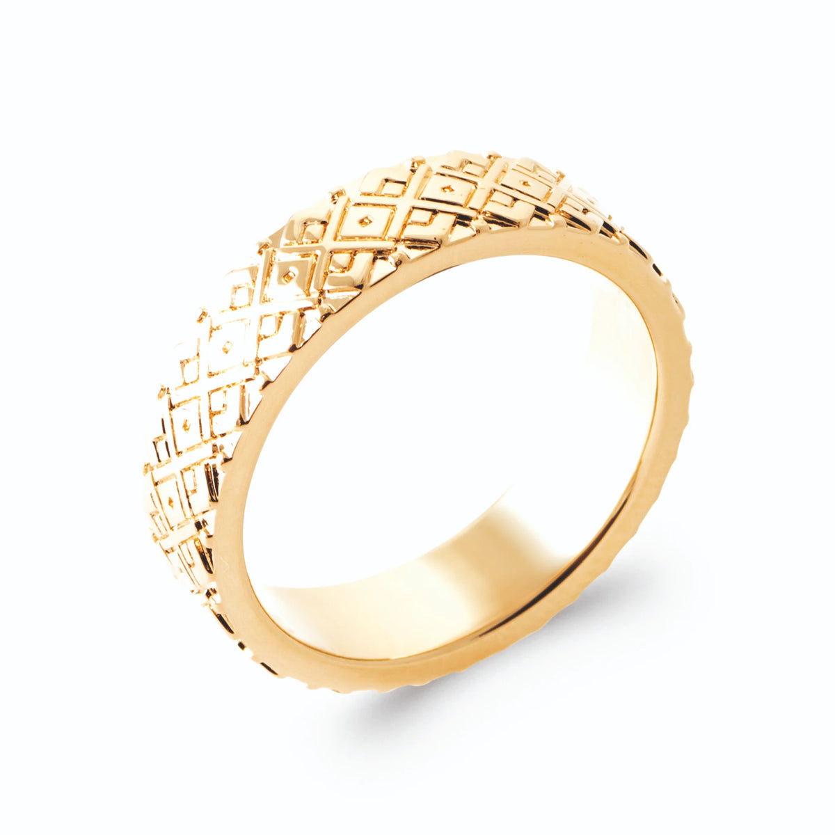 Bague bandeau ciselé de losanges et grains d’or en plaqué or