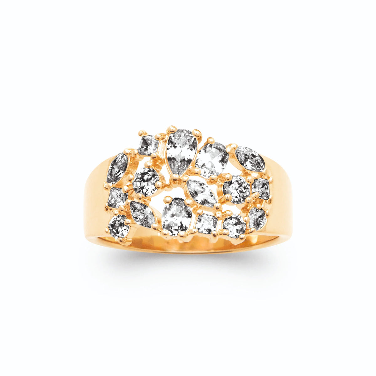 Bague bandeau constellation de zircons navettes et poires en plaqué or