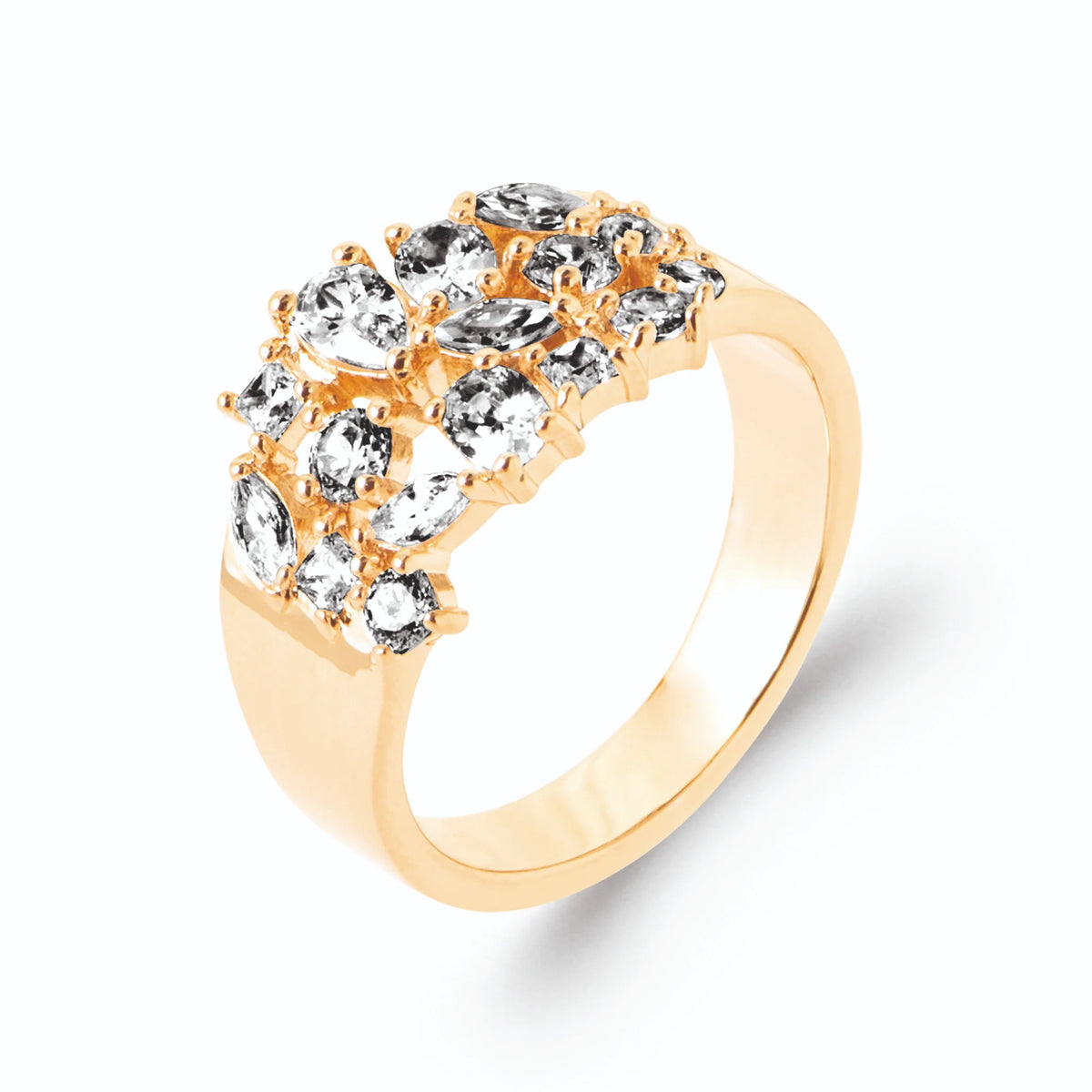 Bague bandeau constellation de zircons navettes et poires en plaqué or