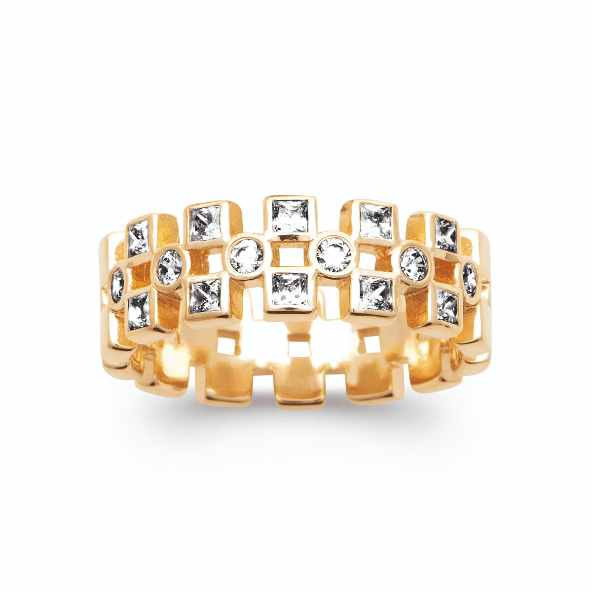 Bague bandeau damier ajouré de zircons carrés en plaqué or