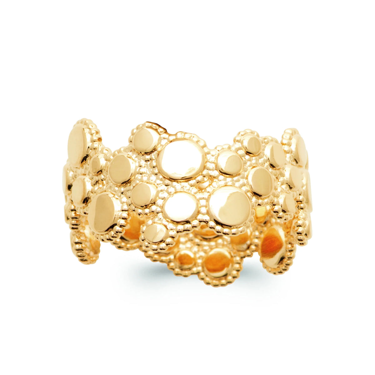 Bague bandeau dentelle de pastilles d’or plaqué or, vue de face