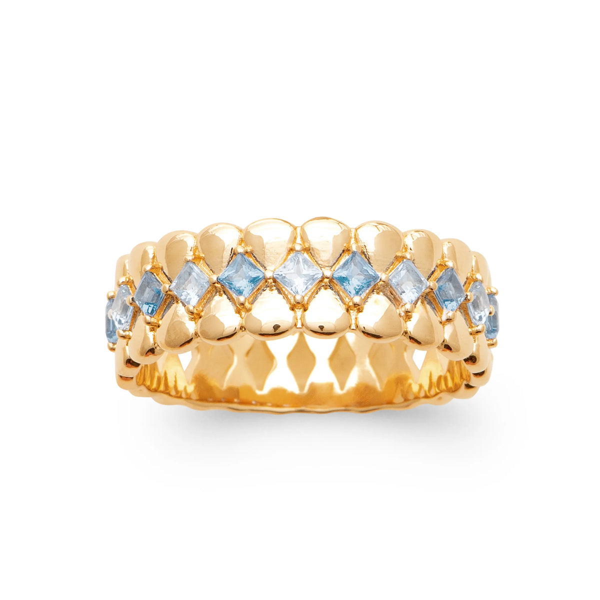 Bague bandeau écailles d’or et rang de pierres carrées bleu ciel plaqué or, vue de face
