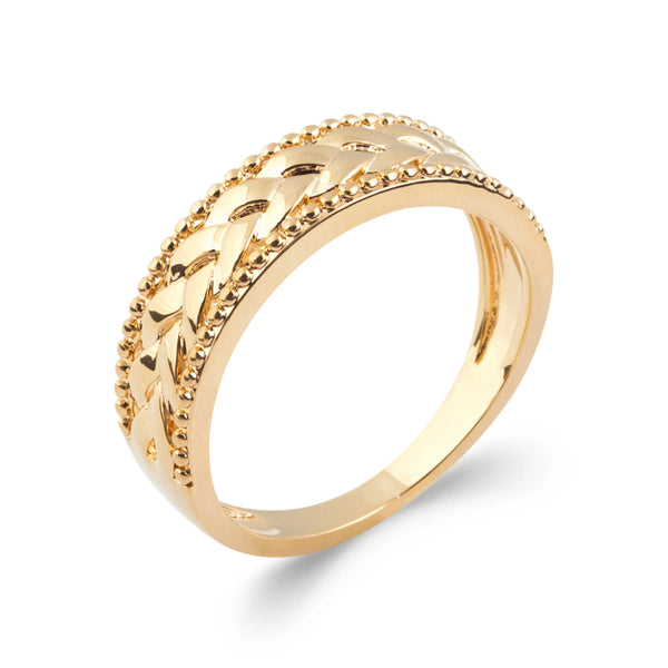 Bague bandeau filigrane d’arabesques sans pierre et bordures perlées en plaqué or, vue de trois quarts