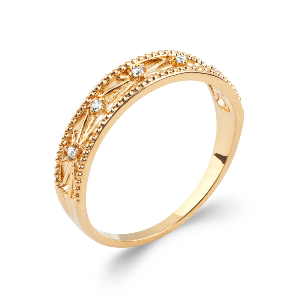 Bague bandeau filigrane d’arabesques ponctué de zircons en plaqué or