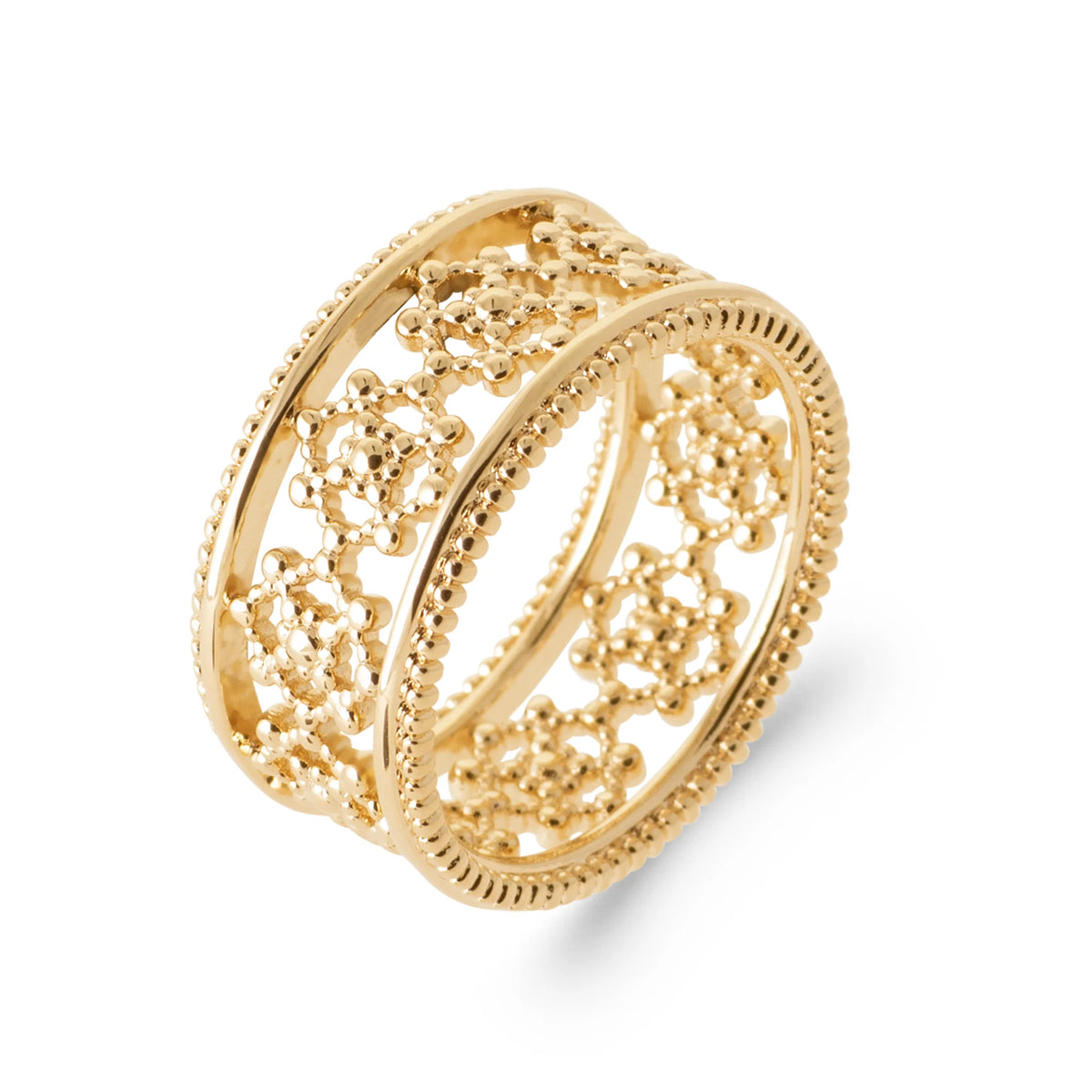 Bague bandeau large filigrane floral entre deux bordures perlées en plaqué or