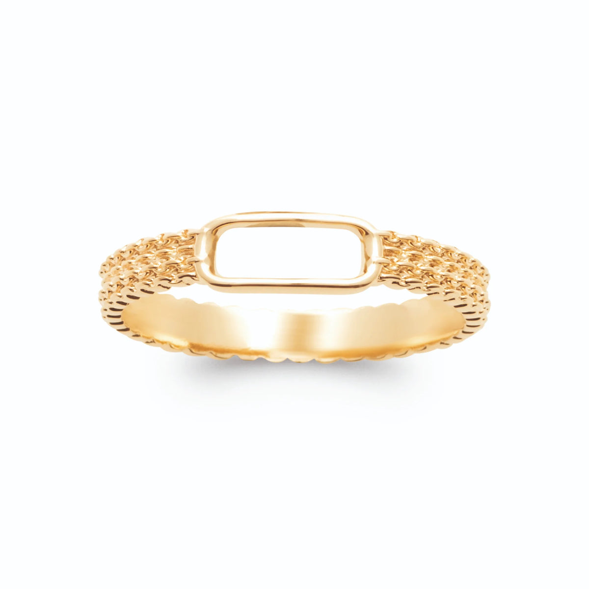 Bague bandeau granulé ouvert d’un rectangle ajouré en plaqué or