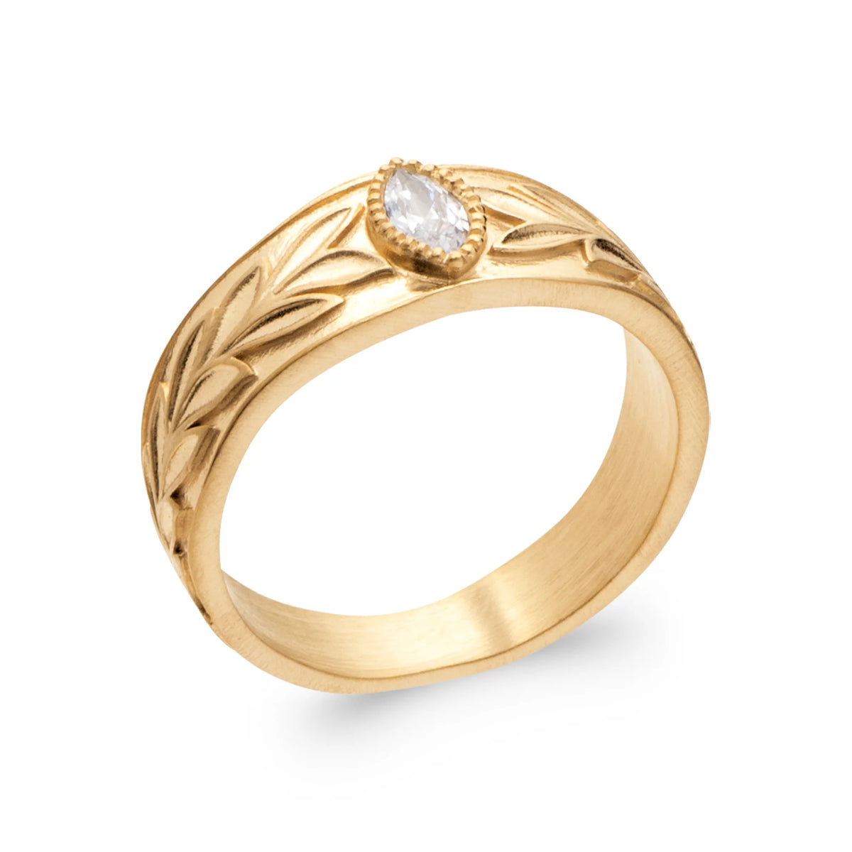 Bague bandeau gravé de feuillages et zircon ovale serti clos en plaqué or