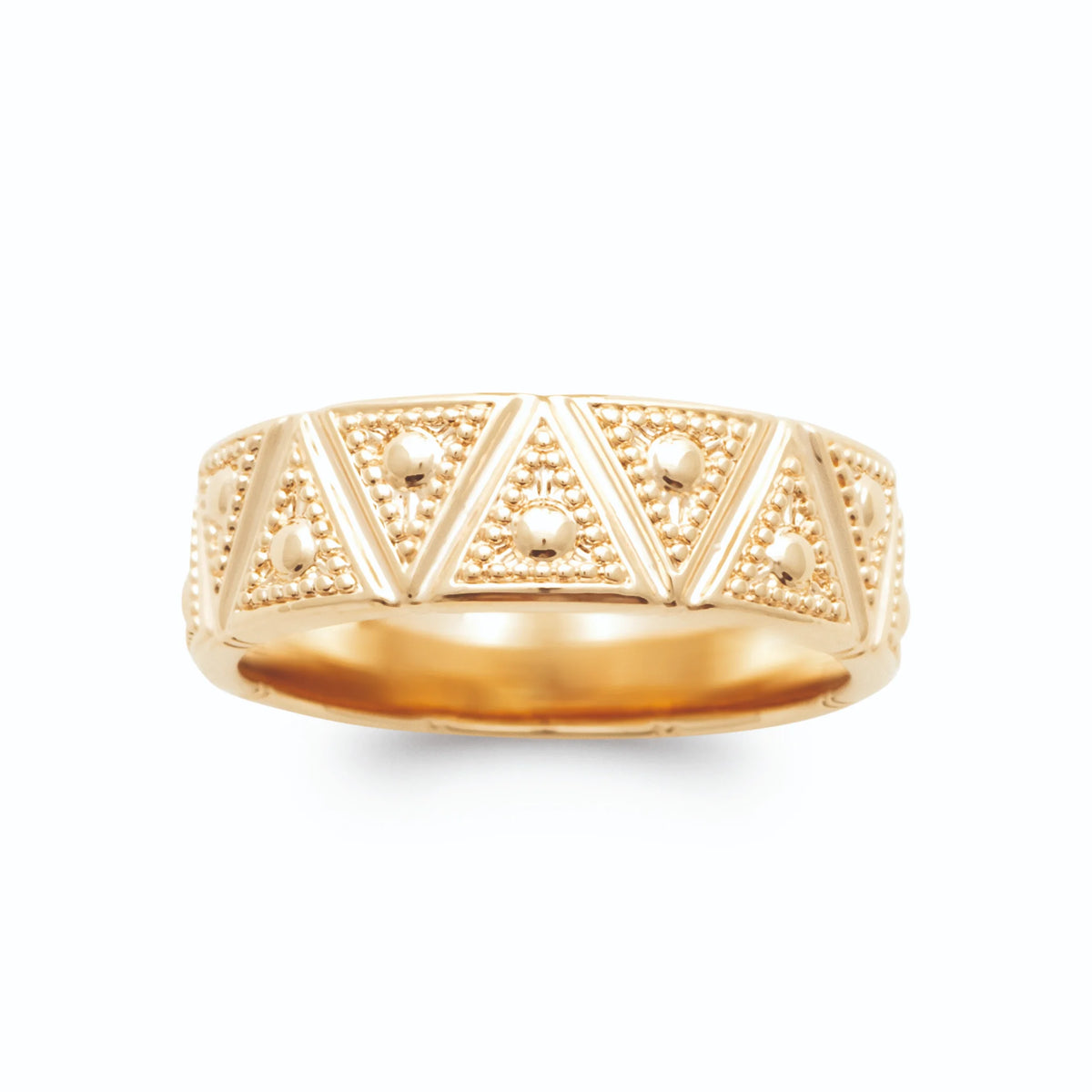 Bague bandeau gravé de triangles et grains d’or en plaqué or
