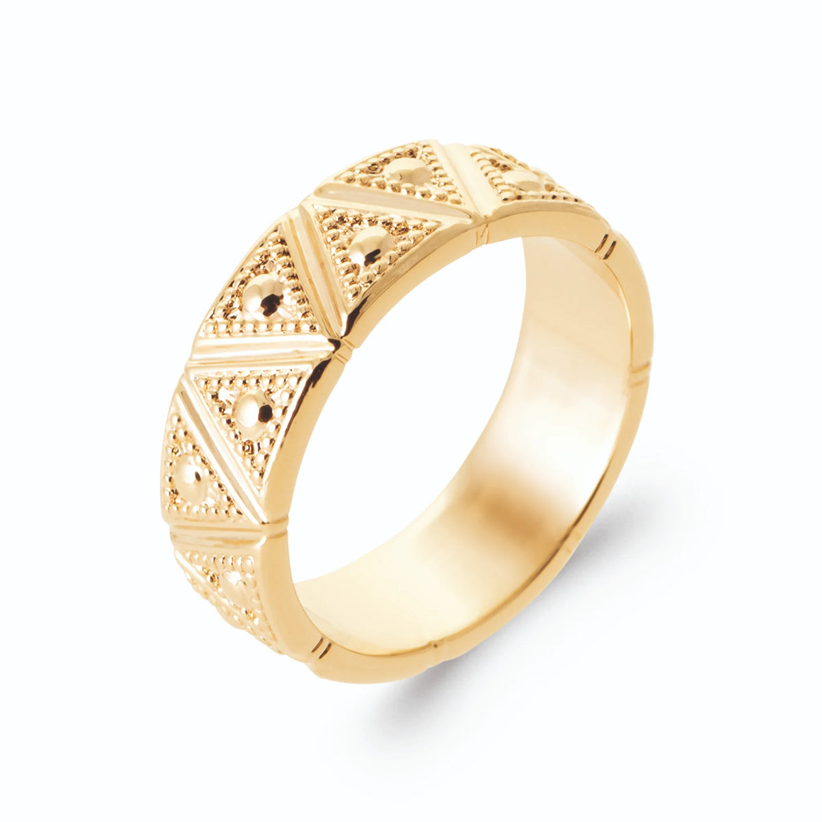 Bague bandeau gravé de triangles et grains d’or en plaqué or