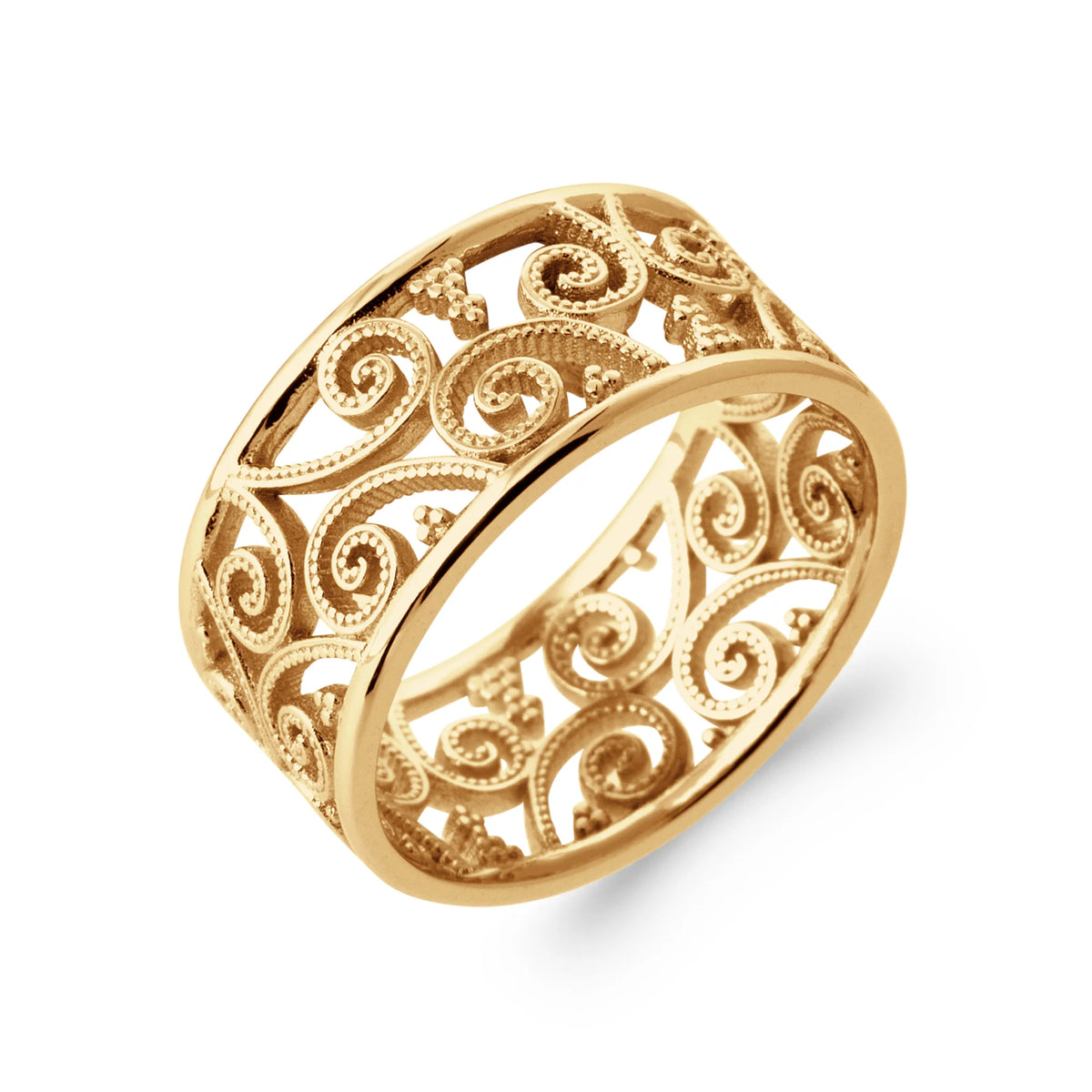Bague bandeau large ajouré d’arabesques en filigrane d’or en plaqué or