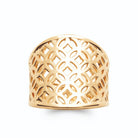 Bague bandeau large ajouré cercles entrecroisés sans pierre plaqué or, vue de face