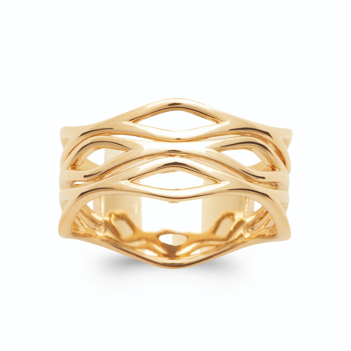 Bague bandeau large ajouré de fils ondulés entrecroisés plaqué or, vue de face