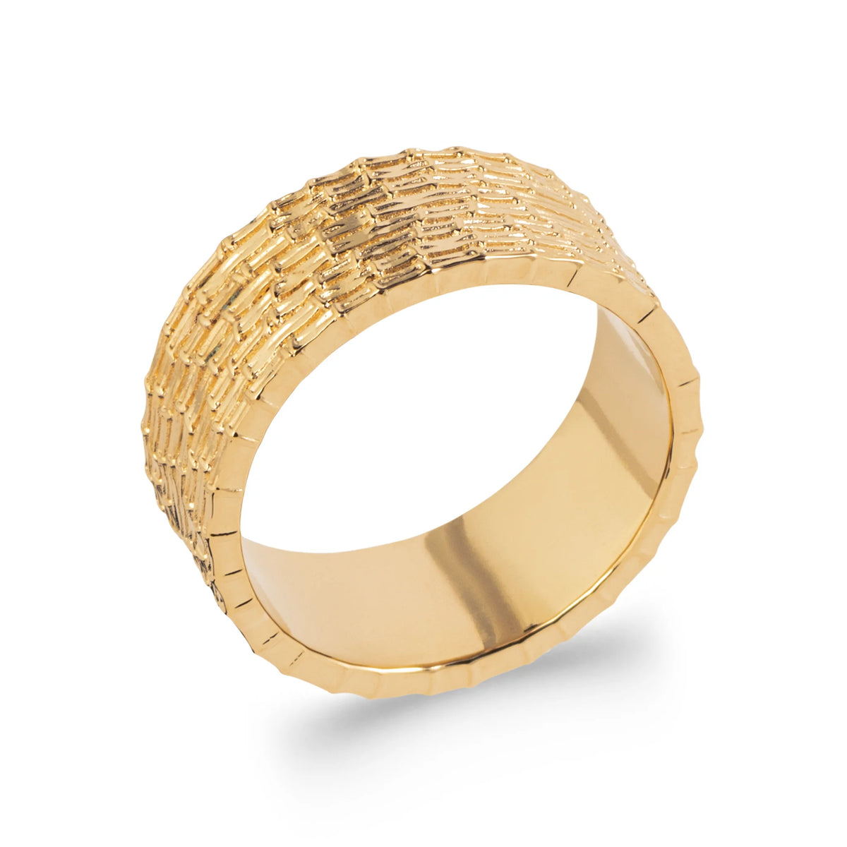 Bague bandeau large ciselé façon écorce en plaqué or