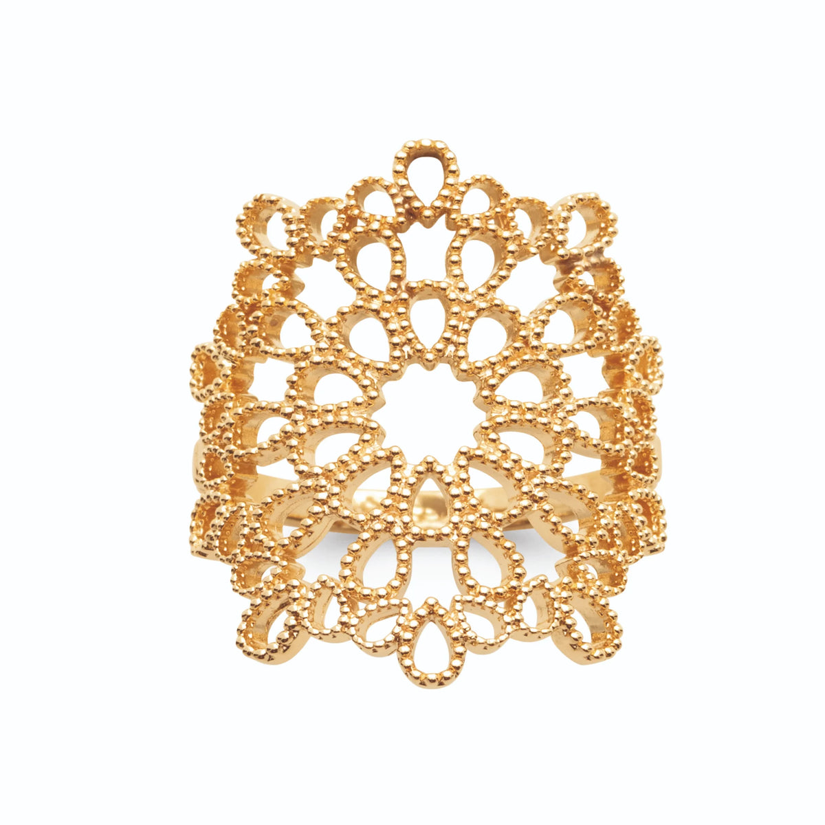 Bague bandeau large en dentelle de cercles festonnés plaqué or, vue de face