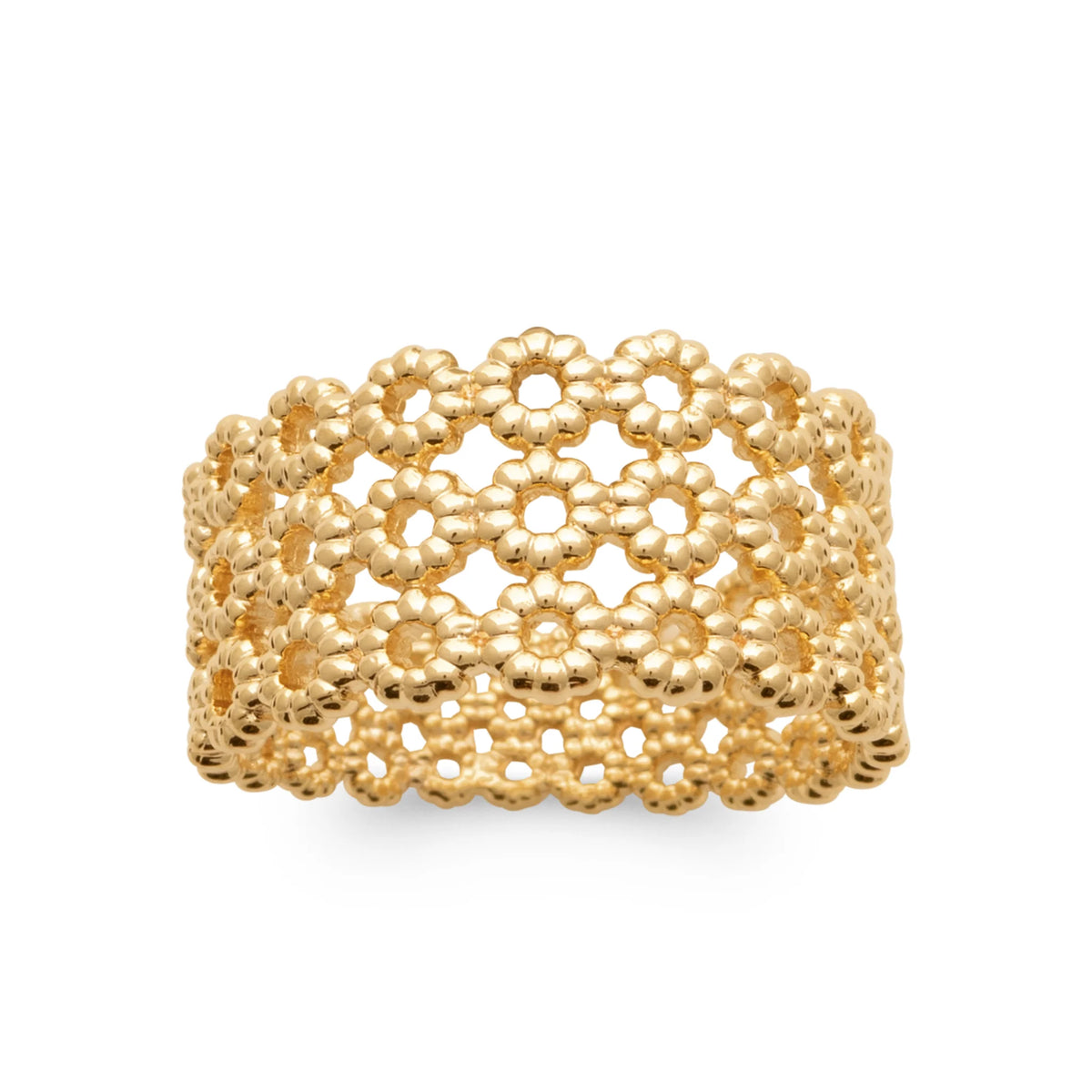 Bague bandeau large en dentelle de fleurettes perlées en plaqué or