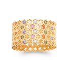 Bague bandeau très large dentelle de fleurs et pierres multicolores plaqué or, vue de face