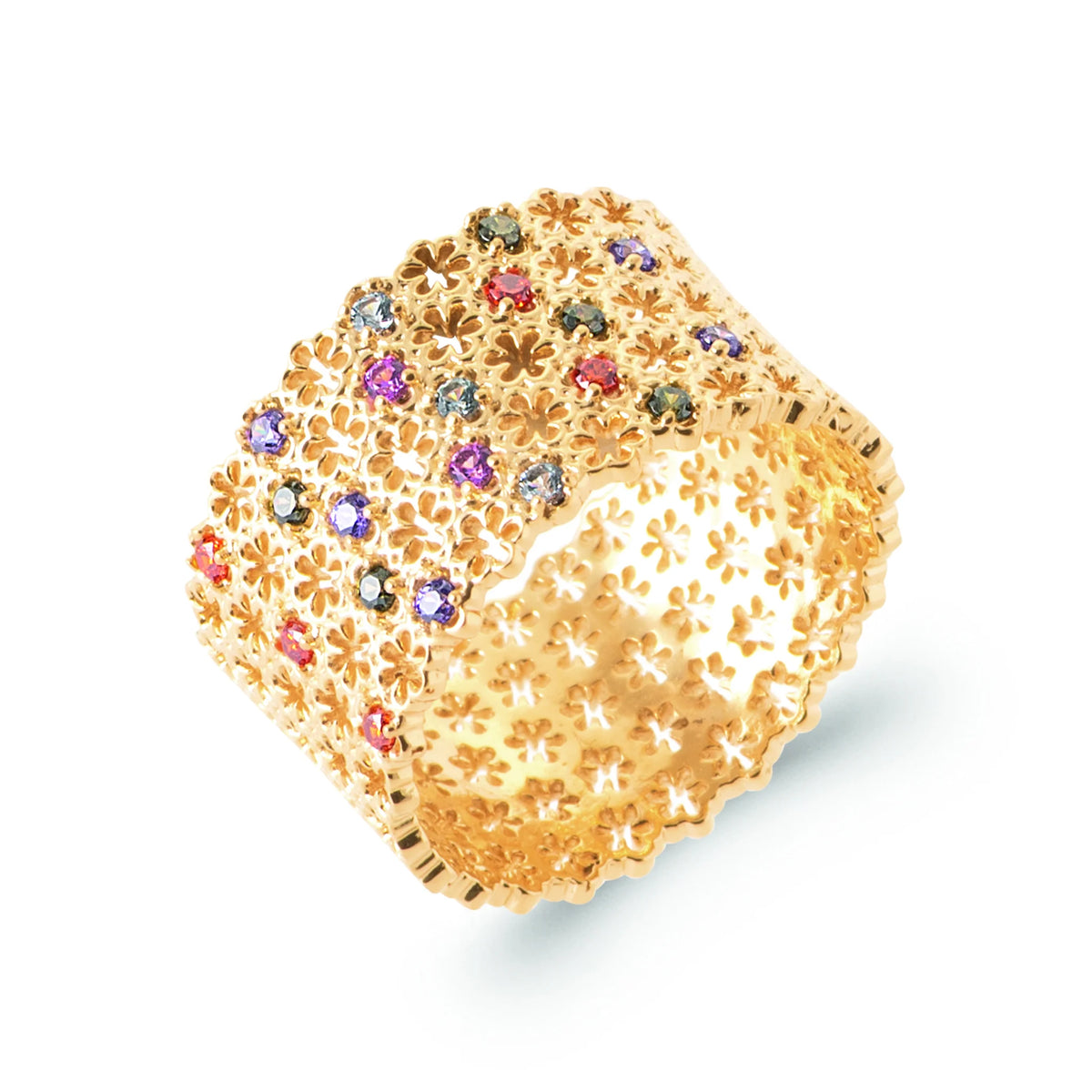 Bague bandeau très large dentelle de fleurs et pierres multicolores en plaqué or, vue de trois quarts