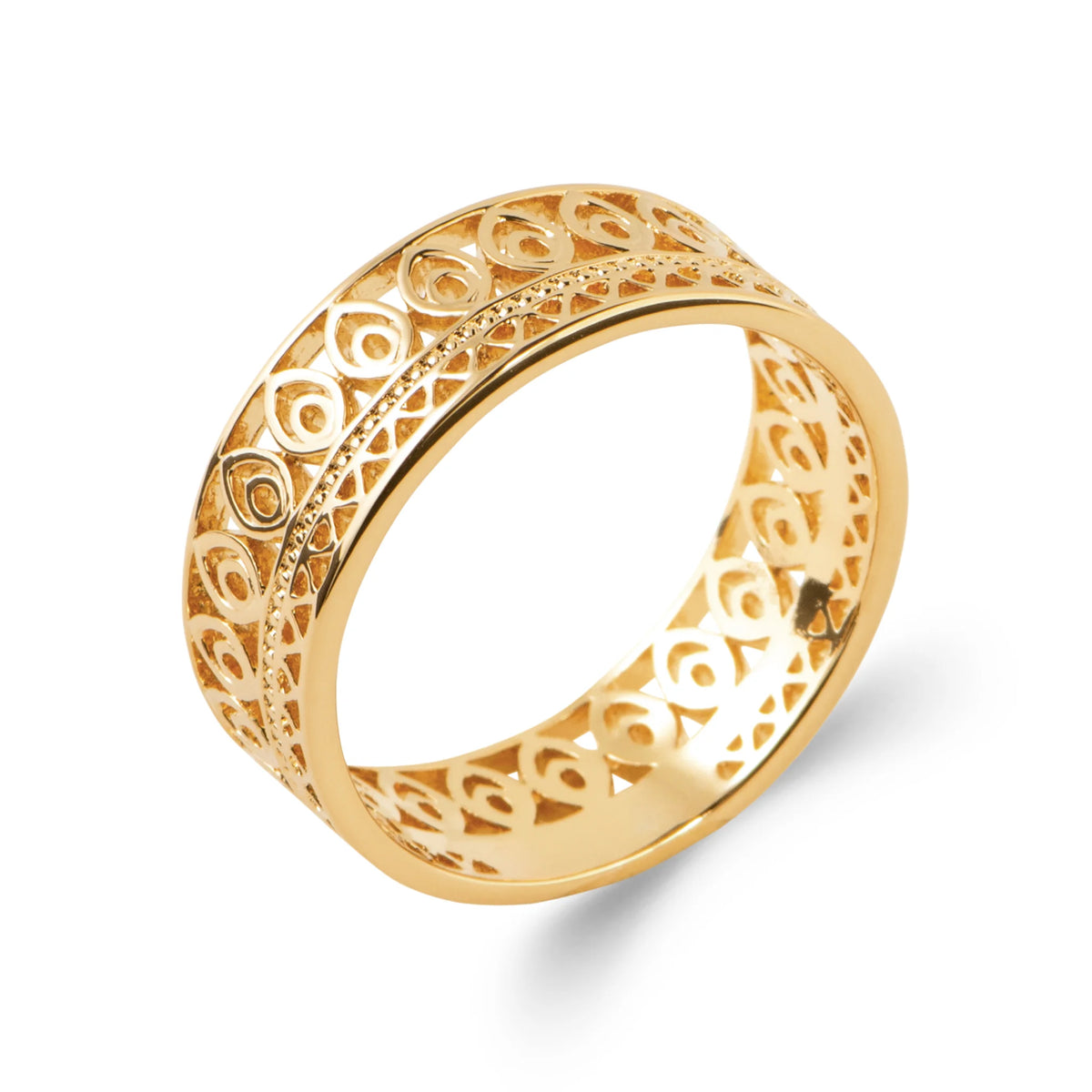 Bague bandeau large en dentelle d’or ajourée géométrique en plaqué or