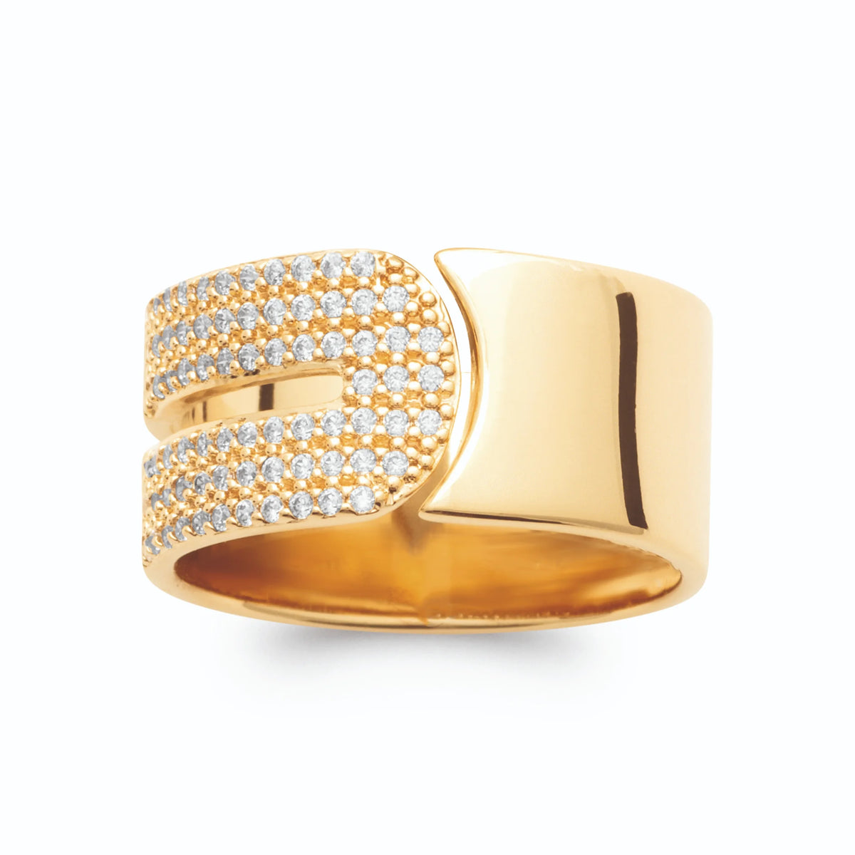 Bague bandeau large à double bande pavée repliée en boucle en plaqué or